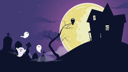 Halloween scene of a haunted house on the hill with a giant moon and ghosts, an old house with a graveyard, an owl over a spooky tree, a graveyard at night with myst, spooky Halloween scene.