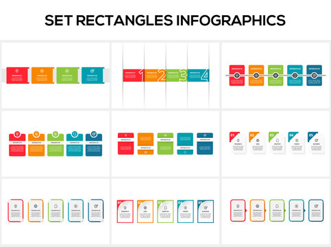 Set rectangles infographics with 4, 5 steps, options, parts or processes. Business data visualization.