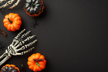 Halloween creepy decorations concept. Top view photo of skeleton hands pumpkins insects centipede spiders and cockroach on isolated black background with copyspace