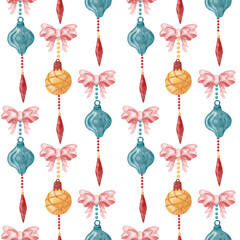 Christmas watercolor ornaments seamless pattern on white background. Happy new year background.