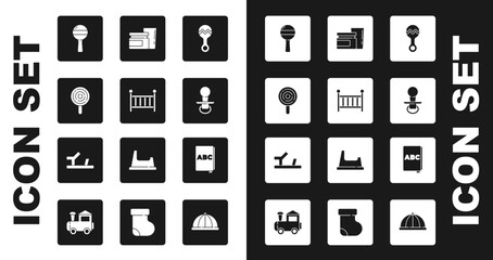 Set Rattle baby toy, Baby crib cradle, Lollipop, dummy pacifier, food, ABC book and shoes icon. Vector