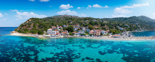 Panoramic view of the idyllic fishing village Loutraki, port of Glossa, at the Sporades island...