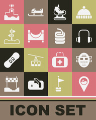 Set Location with mountain, Hockey mask, Winter headphones, Skates, park, Road traffic signpost, Award winner podium and Stone for curling icon. Vector