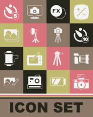 Set Photo camera with flash, Camera timer, fx, Softbox light, frame, and icon. Vector