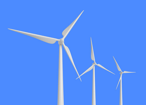 Wind turbines isolated on blue background. Clean and renewable energy concept. 3D rendered image.