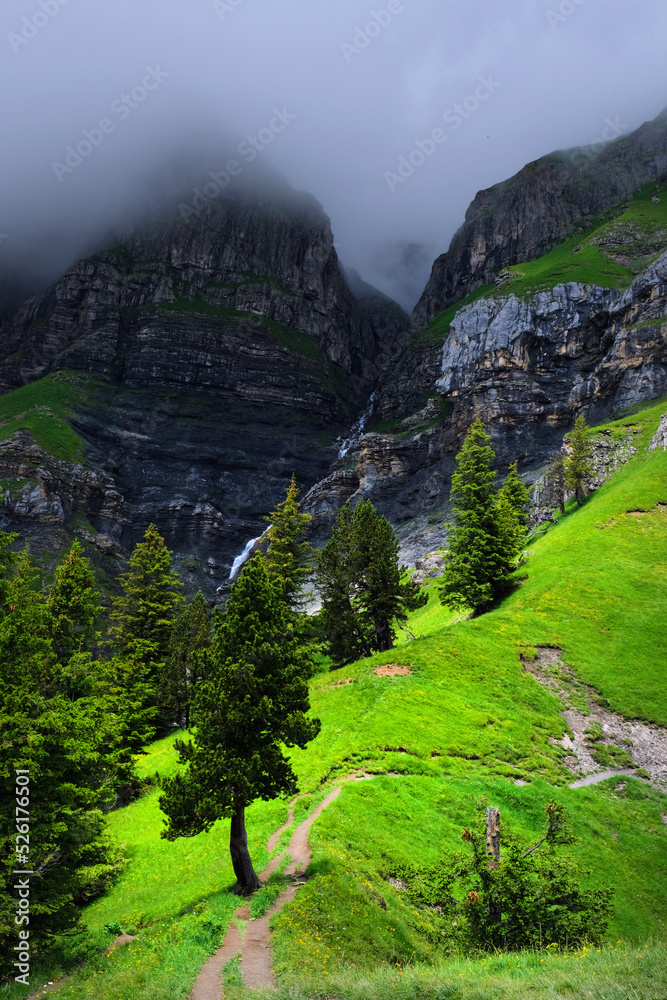 Wall mural Beautiful landscape on the trip to Oeschinen Lake (Oeschinensee) in  Kandersteg, the Bernese Oberland, Switzerland, part of the UNESCO World Heritage Site