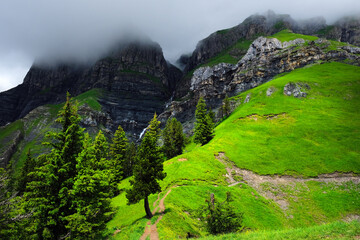 Beautiful landscape on the trip to Oeschinen Lake (Oeschinensee) in  Kandersteg, the Bernese Oberland, Switzerland, part of the UNESCO World Heritage Site