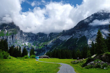 The road to Oeschinen Lake (Oeschinensee) in  Kandersteg, the Bernese Oberland, Switzerland, part of the UNESCO World Heritage Site