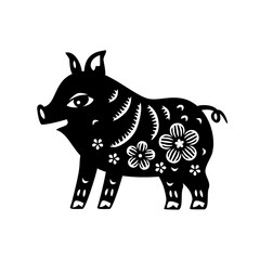 Chinese Zodiac New Year sign pig. Traditional china horoscope animal. Silhouette of animal, painted in Chinese graphic style with floral ornate. Vector illustration. Paper cut