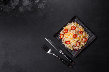 Homemade chinese fried rice with vegetables and a chicken