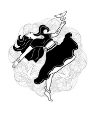 Dancing woman silhouette black and white illustration with mandala on background