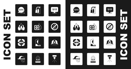 Set Emergency call 911, Electric wiring of socket in fire, Burning car, No, Fire extinguisher, Firefighter helmet and icon. Vector