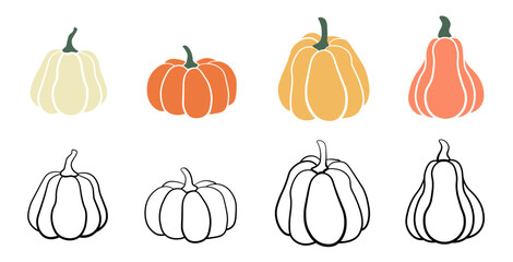 Vector illustration set. Outlined pumpkin, pumpkin in color, doodle, pumpkin line vector illustration. Pumpkin set. Orange pumpkin, fall, Halloween. Flat, vector