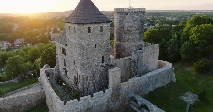 Aerial view of the Castle in Bedzin at sunset, Upper Silesia, Poland. 