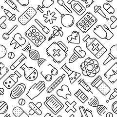 Medicine vector seamless pattern with medical elements for business and advertising. Health care sign collection. Medicine equipment silhouette illustration. Ambulance symbols