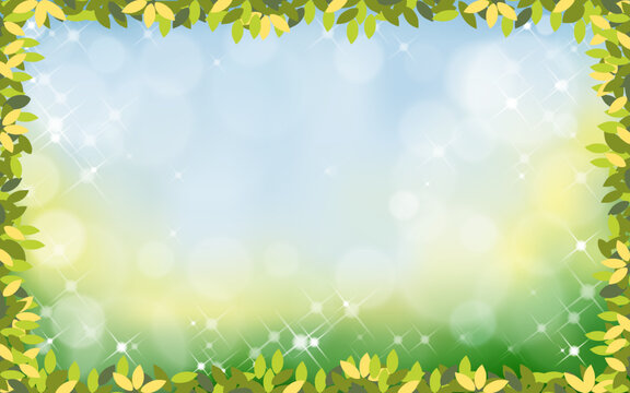 Vector summer nature background with green leaves boder,Spring frame  branches with abstract blurry bokeh light effect. Template banner for Easter or Spring background