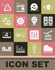 Set Grand piano, Drum with drum sticks, Stereo speaker, Music note, tone, Triangle musical instrument and Location icon. Vector