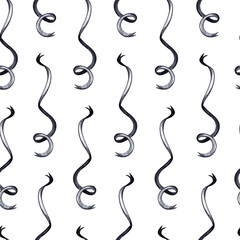 Watercolor silver ribbons seamless pattern on white background. Black serpentine party
