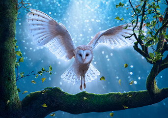 Fantasy owl flying towards a tree at night. Illustration.