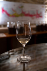 Wine tasting in underground cellars caves of French wine domain in Puligny-Motrachet village, Burgundy, France