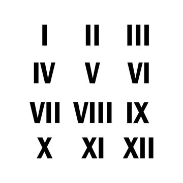 Roman numerals from one to twelve. Latin numbers 1-12 simple flat style vector.