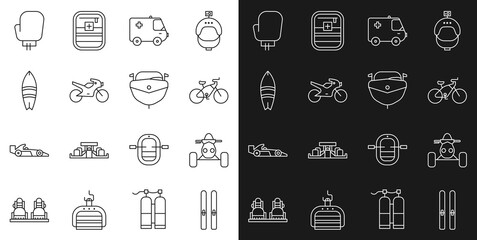 Set line Ski and sticks, ATV motorcycle, Bicycle, Ambulance emergency car, Motorcycle, Surfboard, Boxing glove and Speedboat icon. Vector