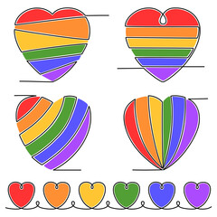 Set of LGBT hearts. Continuous line drawings. Love concept. Vector illustration