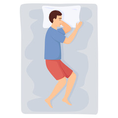 Man sleeps on side. Man in pajamas sleeping on bed. Top view. Vector illustration