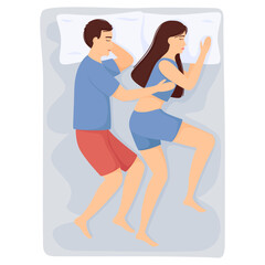 Woman and man sleeping together on side. Couple in pajamas sleep on bed. Top view. Vector illustration
