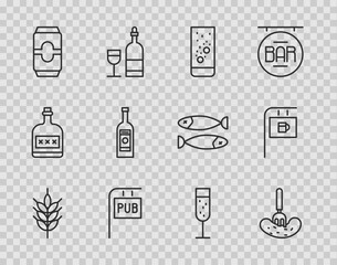 Set line Hop, Pickled cucumber on a fork, Effervescent tablets in water, Street signboard with Pub, Beer can, Glass bottle of vodka, champagne and Bar icon. Vector