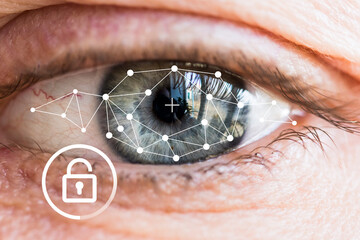 Eye monitoring and eye scan. Biometric verification and unlock screen, male eye closeup.