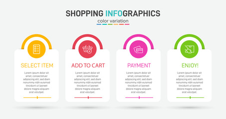 Concept of shopping process with 4 successive steps. Four colorful graphic elements. Timeline design for brochure, presentation, web site. Infographic design layout.