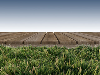 Mockup background for 3d rendering of wooden panel which have grasses as foreground.