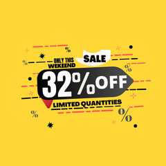 32% percent off(offer), limited quantities, yellow 3D super discount sticker, sale.(Black Friday) vector illustration, Thirty-two 