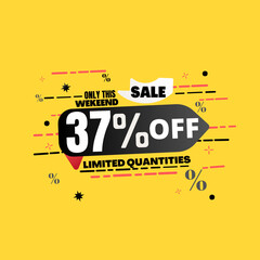 37% percent off(offer), limited quantities, yellow 3D super discount sticker, sale.(Black Friday) vector illustration, Thirty seven