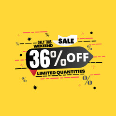 36% percent off(offer), limited quantities, yellow 3D super discount sticker, sale.(Black Friday) vector illustration, Thirty-six