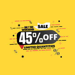 45% percent off(offer), limited quantities, yellow 3D super discount sticker, sale.(Black Friday) vector illustration, Forty five 