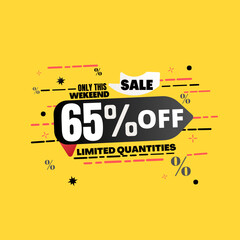 65% percent off(offer), limited quantities, yellow 3D super discount sticker, sale.(Black Friday) vector illustration, Sixty-five 