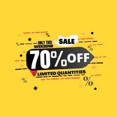 70% percent off(offer), limited quantities, yellow 3D super discount sticker, sale.(Black Friday) vector illustration, Seventy 