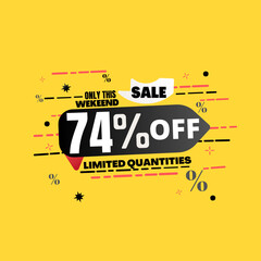 74% percent off(offer), limited quantities, yellow 3D super discount sticker, sale.(Black Friday) vector illustration, Seventy-four 