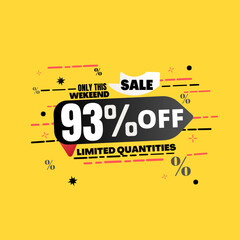 93% percent off(offer), limited quantities, yellow 3D super discount sticker, sale.(Black Friday) vector illustration, Ninety-three 