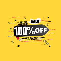 100% percent off(offer), limited quantities, yellow 3D super discount sticker, sale.(Black Friday) vector illustration, Hundred