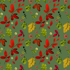 Pattern of leaves and herbs on an olive background. Watercolor.