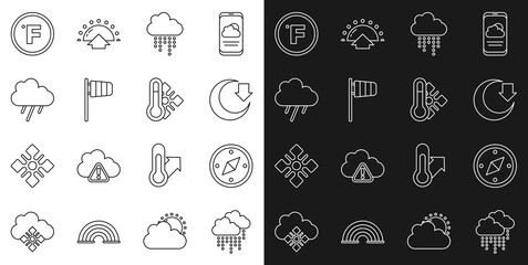 Set line Cloud with rain, Compass, Moon, Cone windsock wind vane, Fahrenheit and Meteorology thermometer icon. Vector - obrazy, fototapety, plakaty