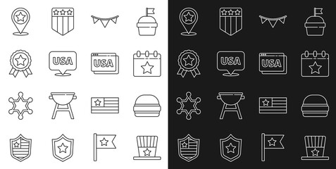 Set line Patriotic American top hat, Burger, Calendar with date July 4, Carnival garland flags, USA Independence day, Medal star, and on browser icon. Vector