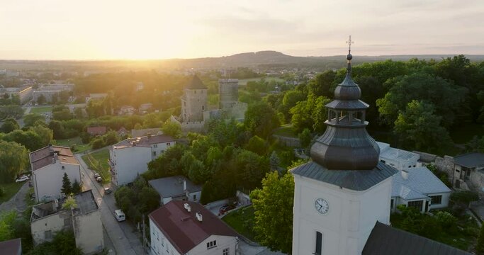 Aerial view of the Castle in Bedzin at sunset, Upper Silesia, Poland. 