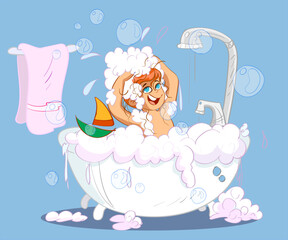 Cartoon baby girl having bath in bathtub with lots of this soap suds and rubber duck