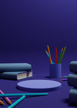 Dark Blue 3D Illustration Back To School Product Display One Podium Or Stand Vertical From The Side With Pencils, And Books On Table For Product Photography Background Or Wallpaper