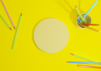 Bright, neon yellow 3D illustration back to school product display podium or stand, horizontal image flat lay, top view from above, with pencils on table for product photography background
