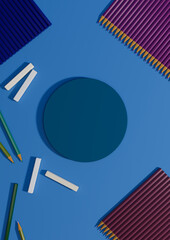 Bright, dark, pastel blue 3D illustration back to school product display podium stand top view flat lay from above with pencils, chalk and books on table for product photography background wallpaper